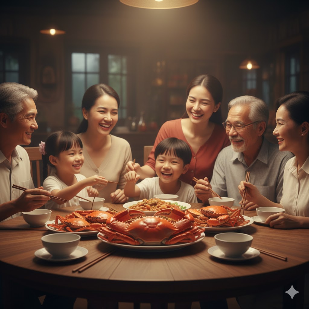 Gia đ&igrave;nh qu&acirc;y quần b&ecirc;n b&agrave;n tiệc cua C&agrave; Mau ấm c&uacute;ng