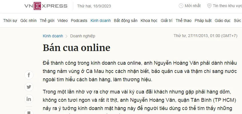 Báo VnExpress đưa tin về thương hiệu bán cua online Cua Ngon