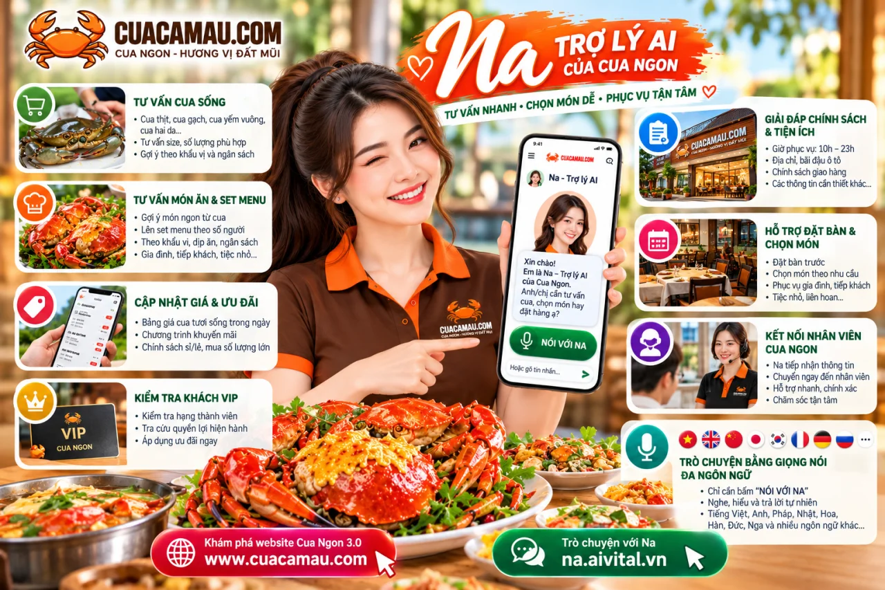 Ra Mắt cuacamau.com 3.0 & Trợ Lý AI Na – Đột Phá Mua Cua Cà Mau Thông Minh