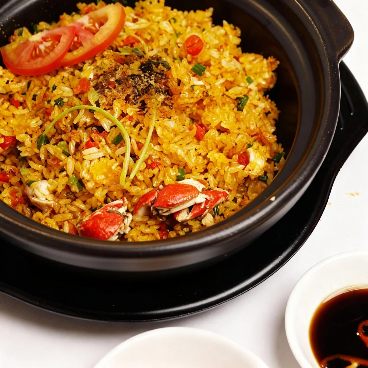 Fried rice topped with fresh Ca Mau crab meat