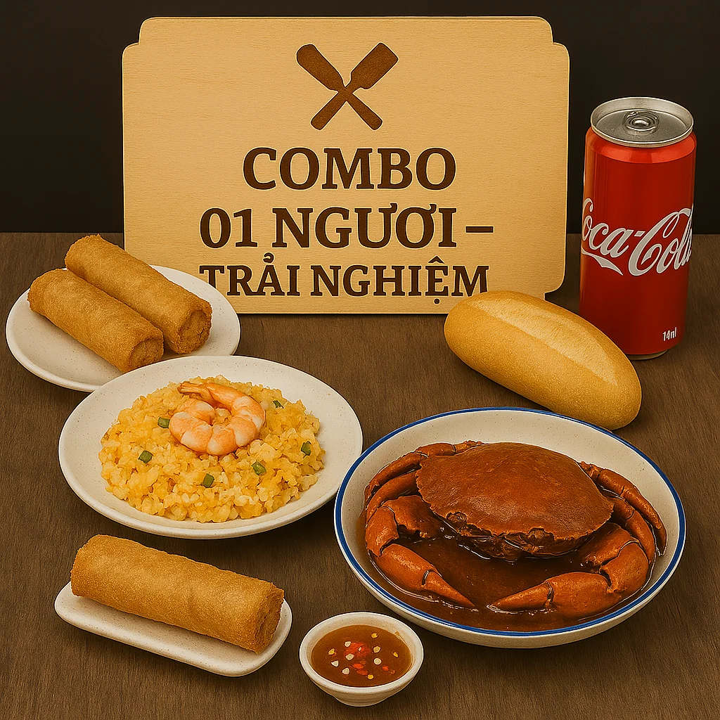 Combo 1 người trải nghiệm gồm cua rang me chả giò cua và cơm chiên tôm