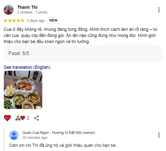 Ảnh minh họa: 10 Đánh Giá Đáng Nhớ Của Khách Hàng Dành Cho Cua Ngon - Hương Vị Đất Mũi