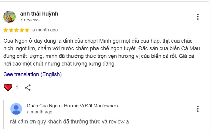 Ảnh minh họa: 10 Đánh Giá Đáng Nhớ Của Khách Hàng Dành Cho Cua Ngon - Hương Vị Đất Mũi