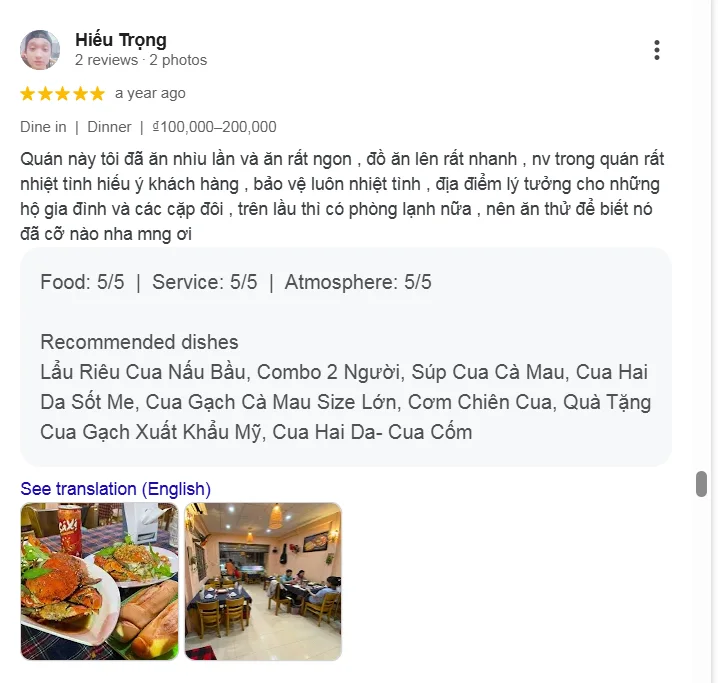 Ảnh minh họa: 10 Đánh Giá Đáng Nhớ Của Khách Hàng Dành Cho Cua Ngon - Hương Vị Đất Mũi