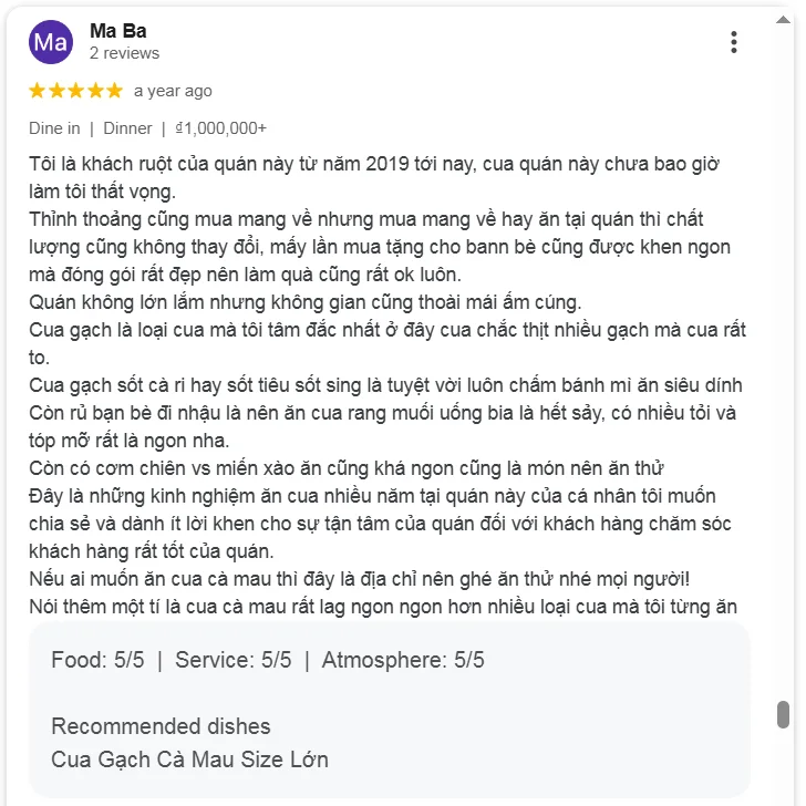 Ảnh minh họa: 10 Đánh Giá Đáng Nhớ Của Khách Hàng Dành Cho Cua Ngon - Hương Vị Đất Mũi