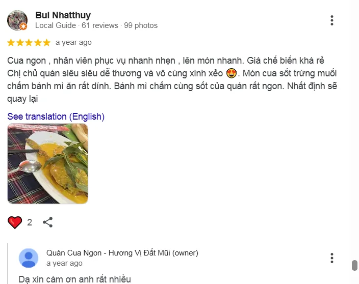 Ảnh minh họa: 10 Đánh Giá Đáng Nhớ Của Khách Hàng Dành Cho Cua Ngon - Hương Vị Đất Mũi