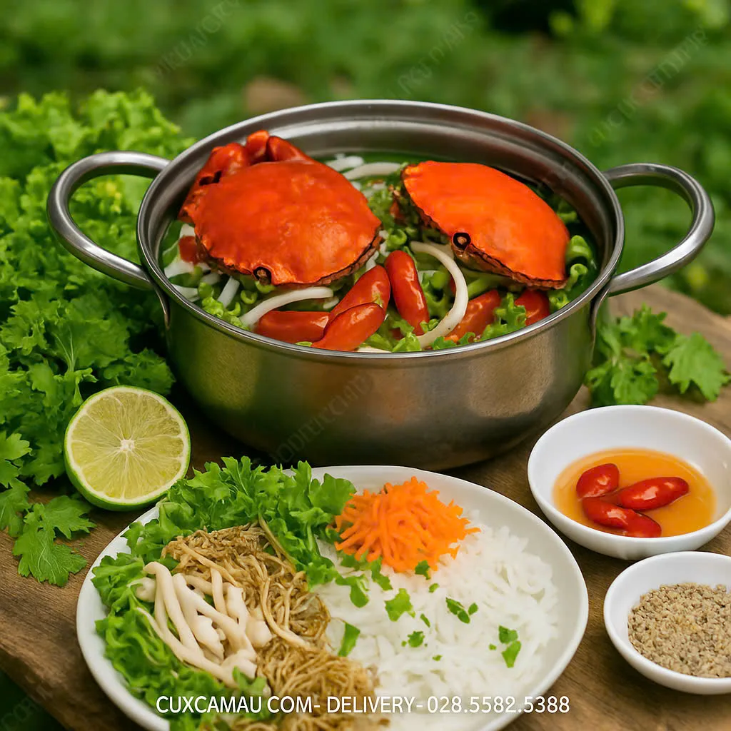 Nồi lẩu cua Cà Mau nấu bầu nóng hổi cho bữa cơm giao thừa ấm áp