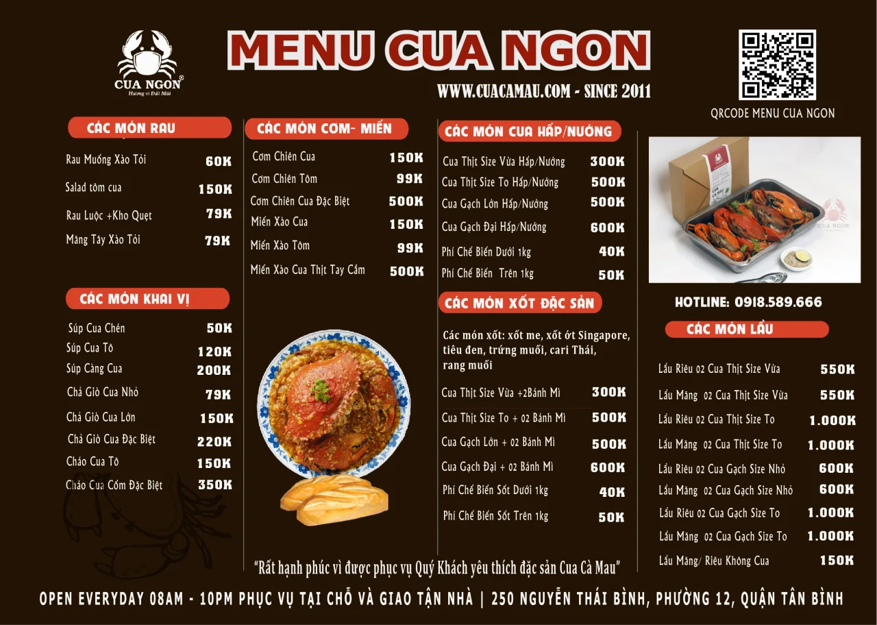 Thực đơn phong phú các món ngon chế biến từ cua Cà Mau tại hệ thống Cua Ngon